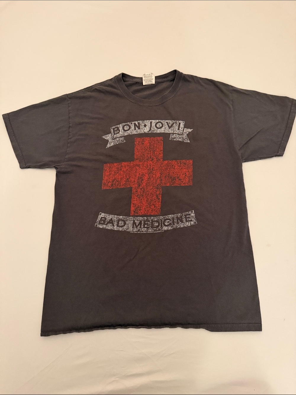 Bon Jovi Bad Medicine logo charcoal gray red short sleeve crew neck t-shirt
